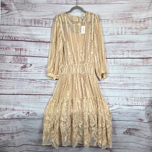 Sundance Silk Seaspell Midi Dress PM Cream Embroidered Lace Sheer Ethereal NWT - Picture 1 of 16